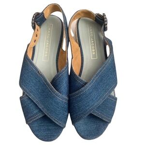 Marc Jacobs Denim Platform Wedge‎ Espadrille Sandals Rhinestone Buckle Sz  37
